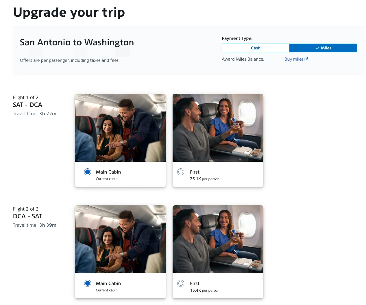 아메리칸 항공 유상 업그레이드 마일리지 가격(좌), 업그레이드 확인 이메일(우), courtesy of American Airlines