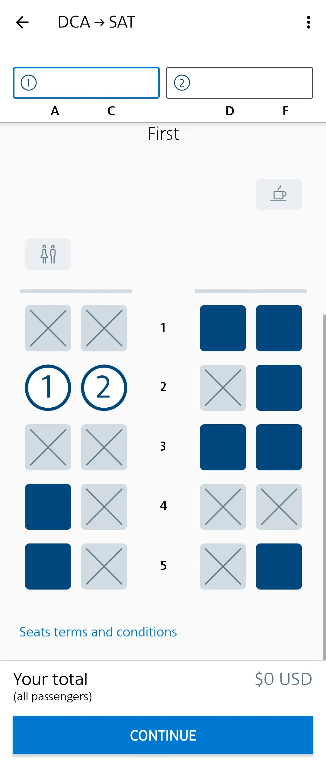 아메리칸 항공 A321 일등석 좌석배치도(좌), 모바일 보딩패스(우), courtesy of American Airlines