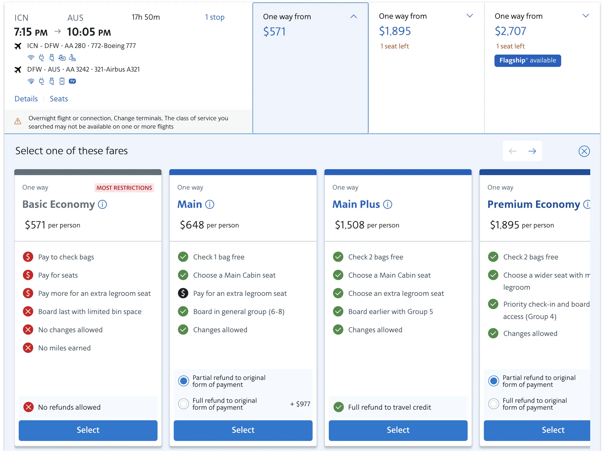 Flight Ticket Fares from Incheon to Austin via Dallas on US Website (c) aa.com