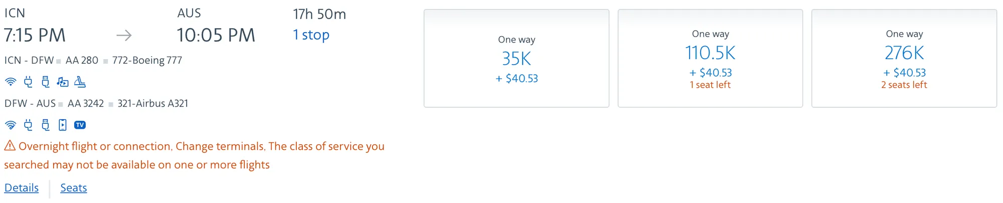 Award Ticket Fares in Miles from Incheon to Austin via Dallas on US Website (c) aa.com