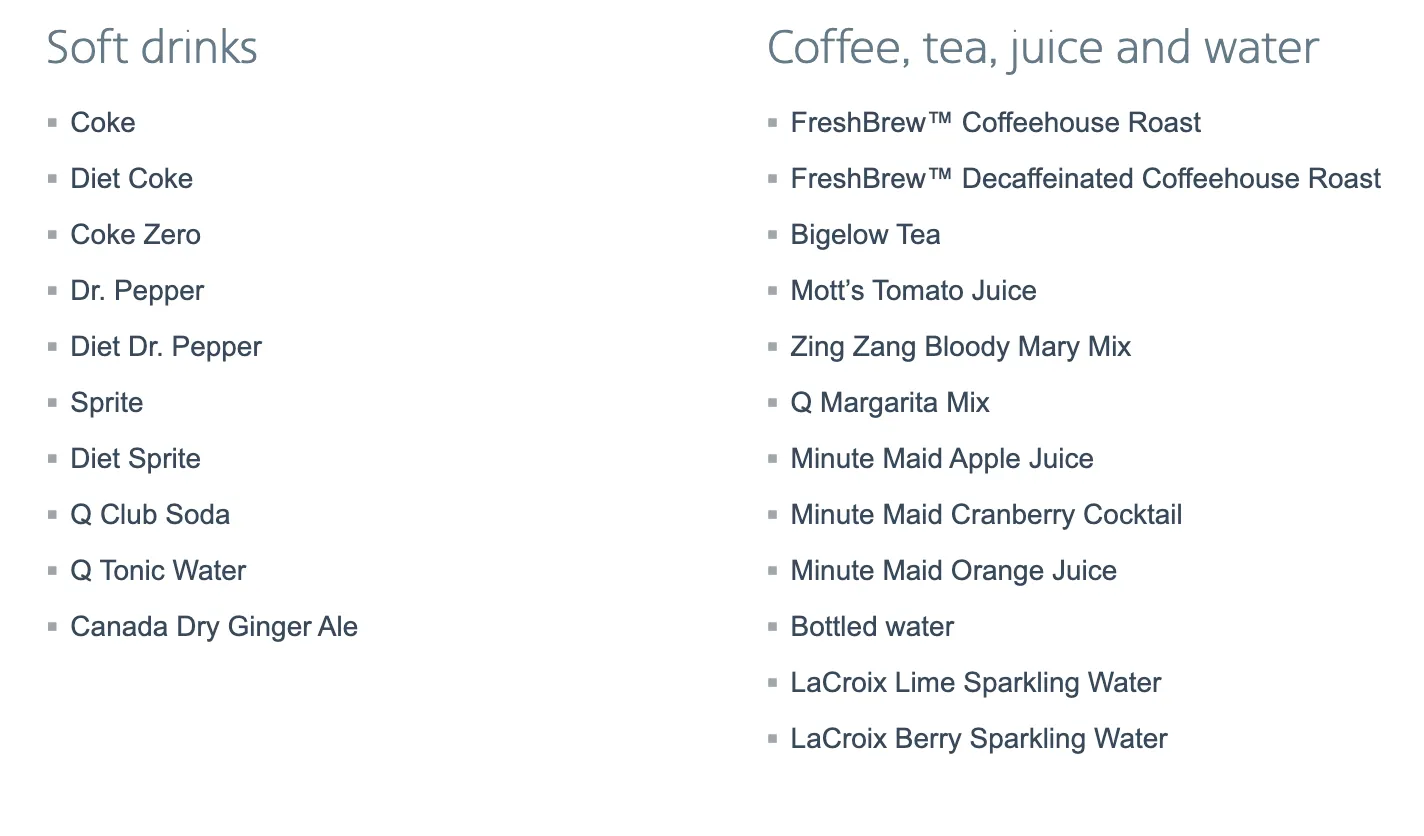 American Airlines Main Cabin Beverage and Spirits Menu (c) aa.com