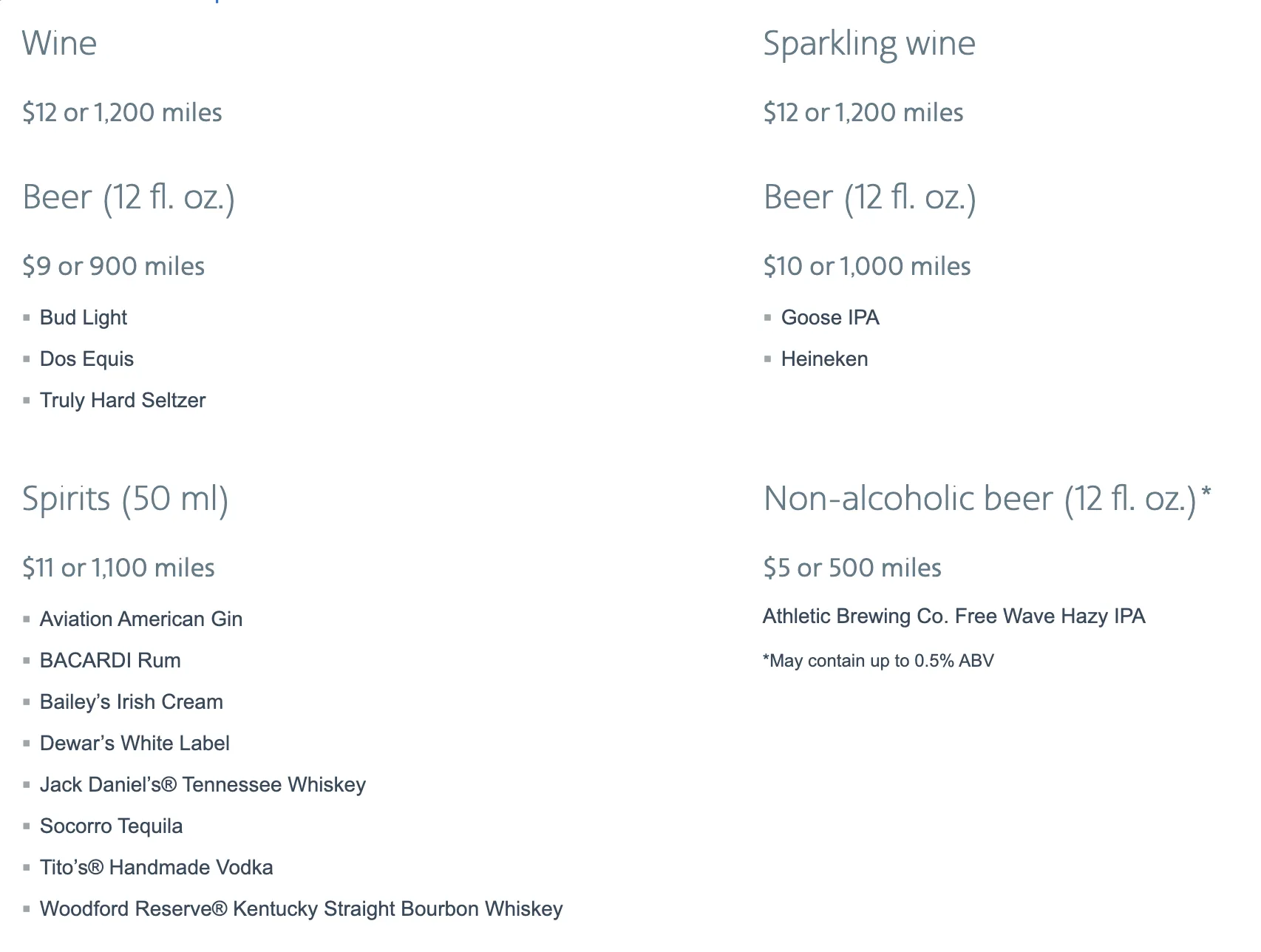 American Airlines Main Cabin Beverage and Spirits Menu (c) aa.com