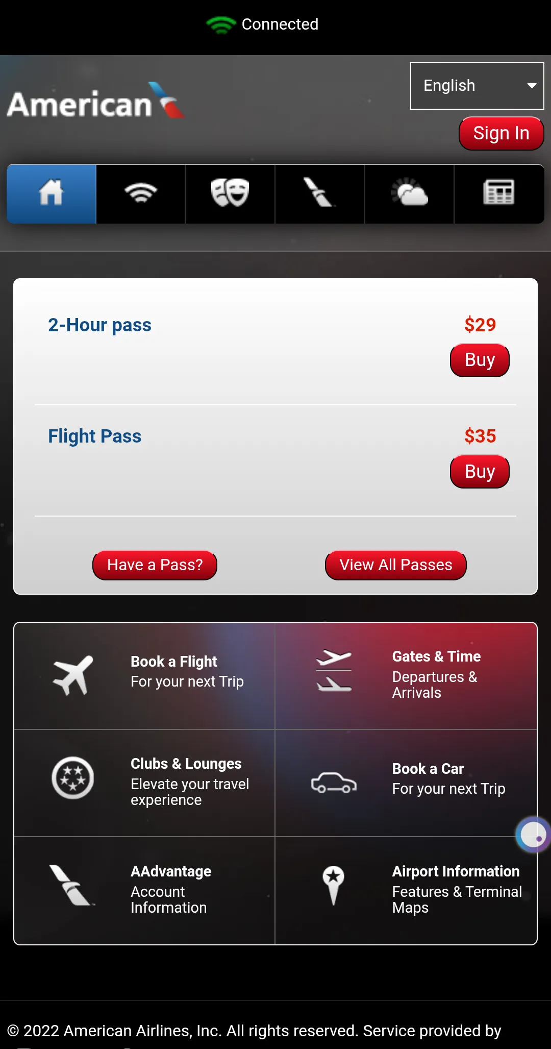 American Airlines In-flight Wi-Fi Portal Connection Page