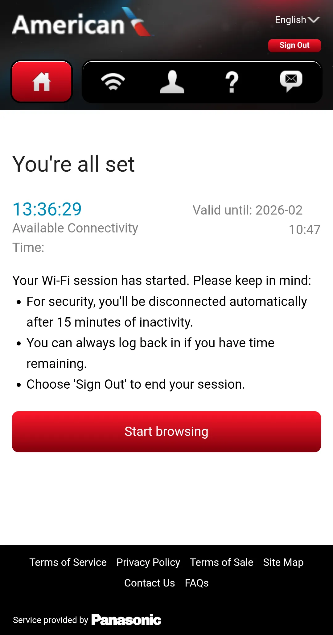 American Airlines In-flight Wi-Fi Portal Connection Page