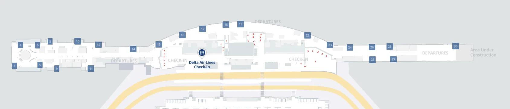 Location of Delta Air Lines check-in counters at Austin-Bergstrom Airport