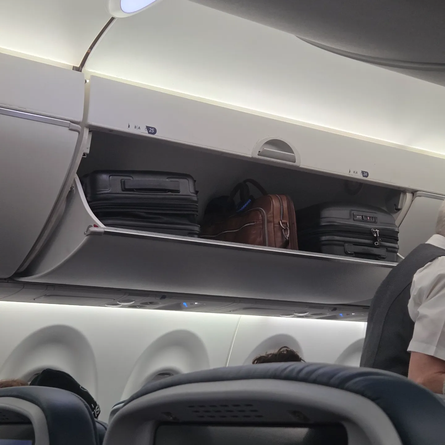 Delta Air Lines A220-100 Main Cabin seats and overhead bins