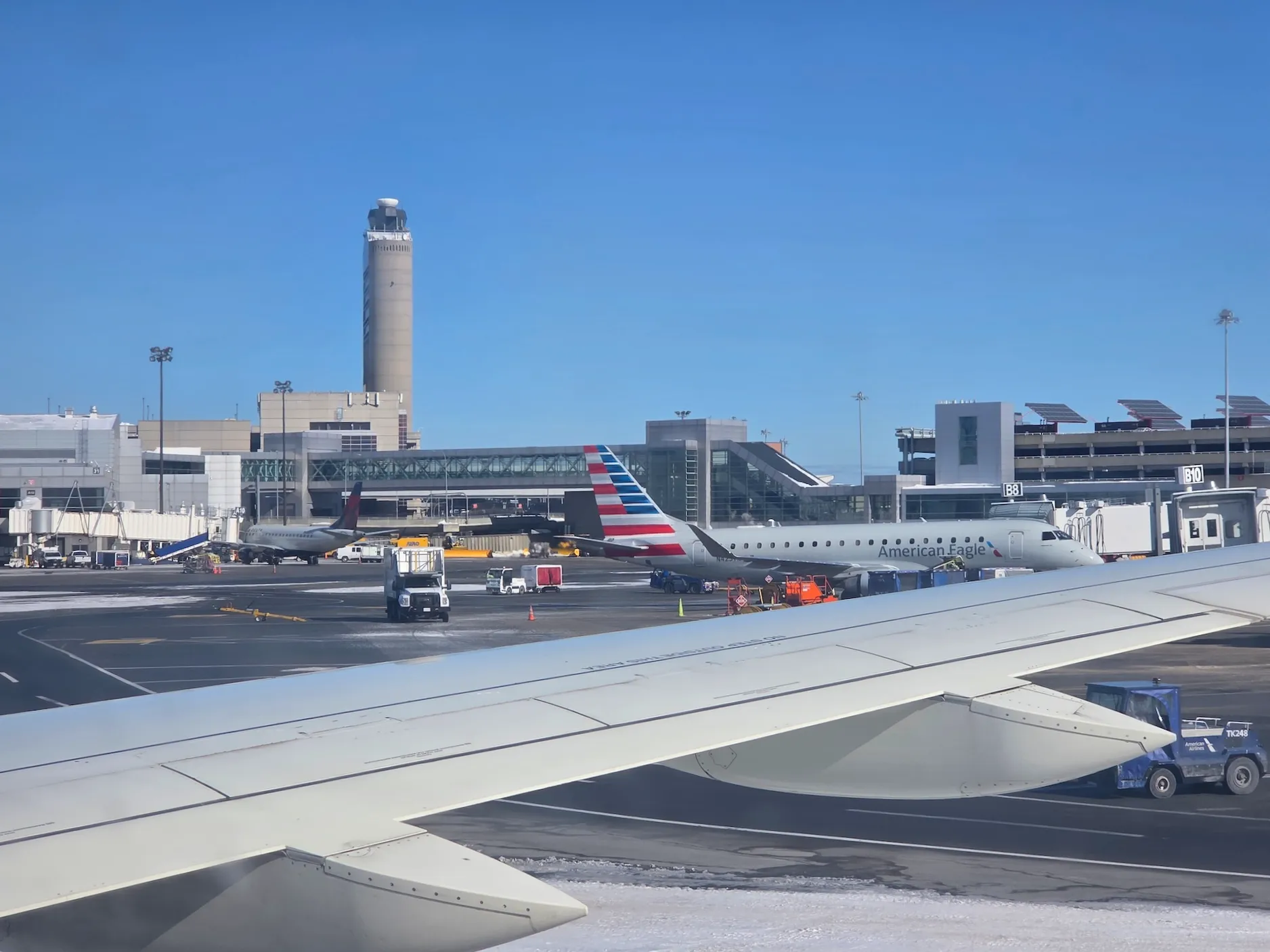 Snow-covered New England landscape and Boston Logan International Airport