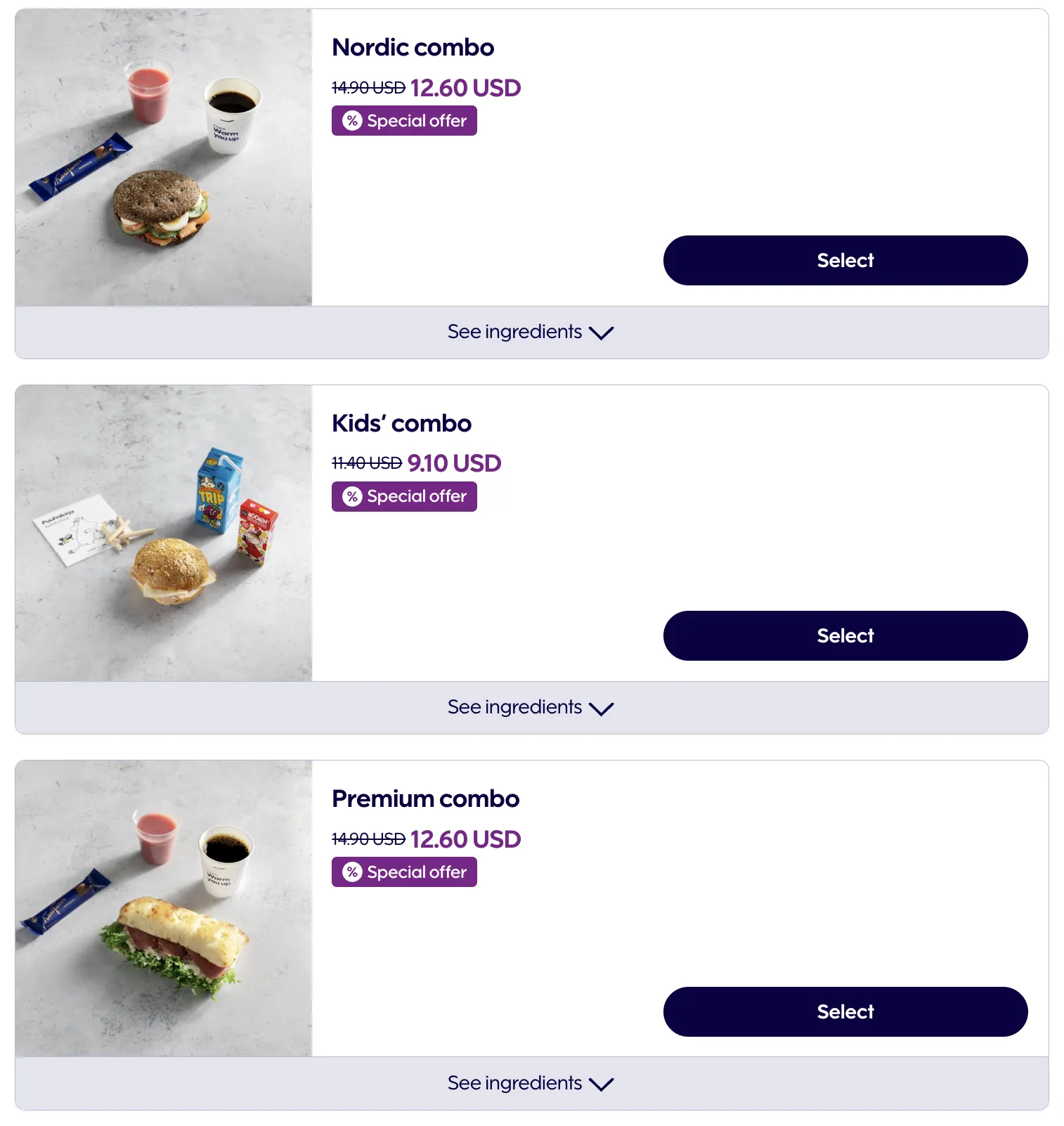 핀에어 단거리 사전 기내식 메뉴 1 (c) finnair.com