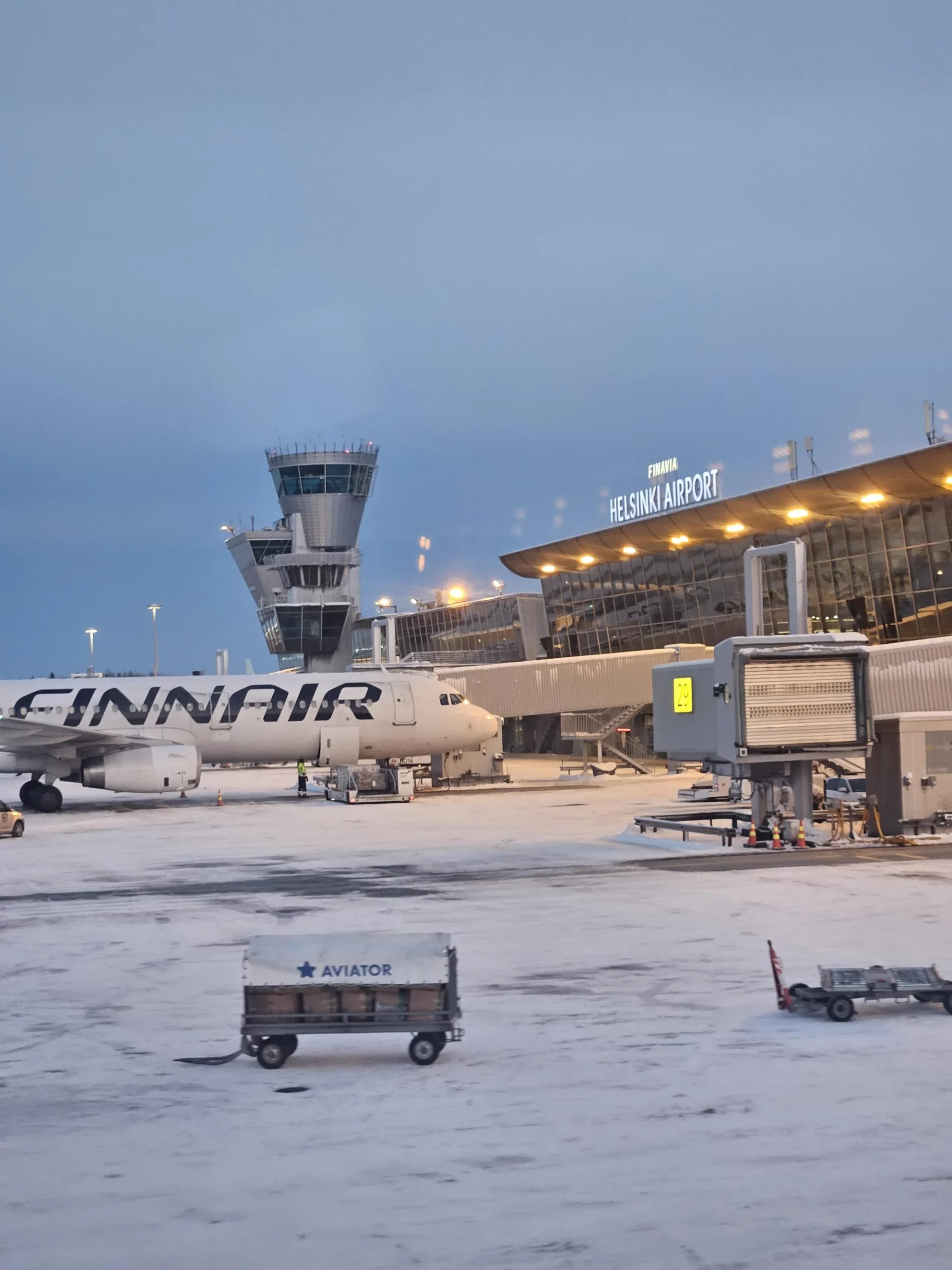Helsinki Airport Apron (Left), Inside Helsinki Airport Airside (Center), Helsinki Airport Baggage Info Board (Right)