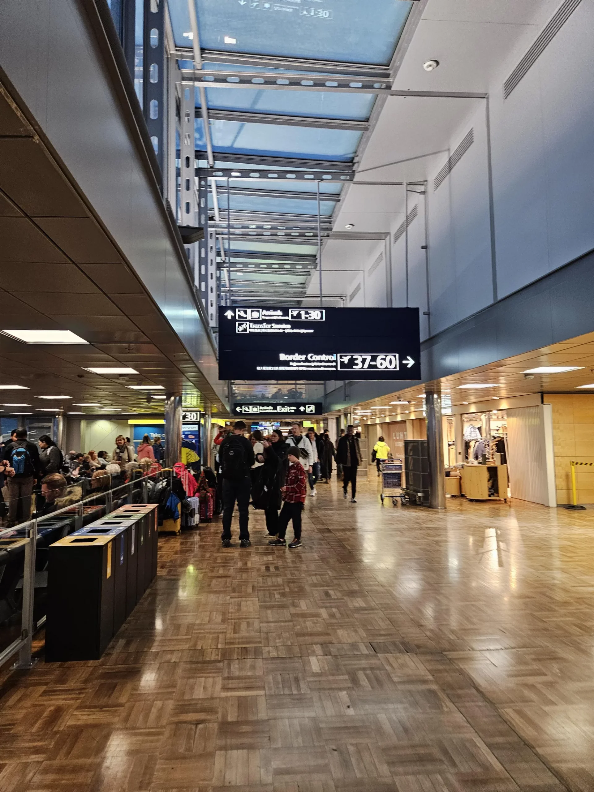 Helsinki Airport Apron (Left), Inside Helsinki Airport Airside (Center), Helsinki Airport Baggage Info Board (Right)