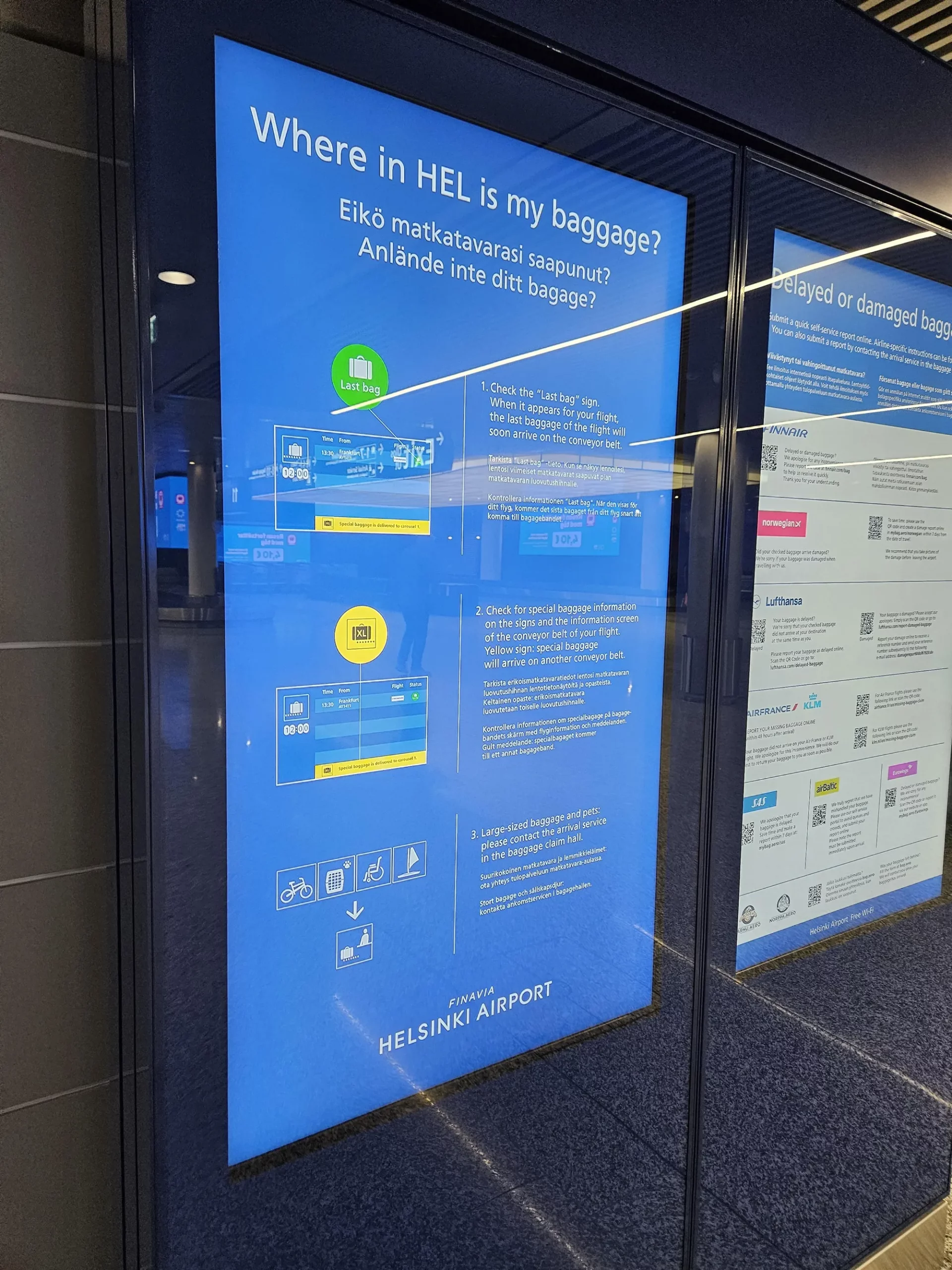 Helsinki Airport Apron (Left), Inside Helsinki Airport Airside (Center), Helsinki Airport Baggage Info Board (Right)