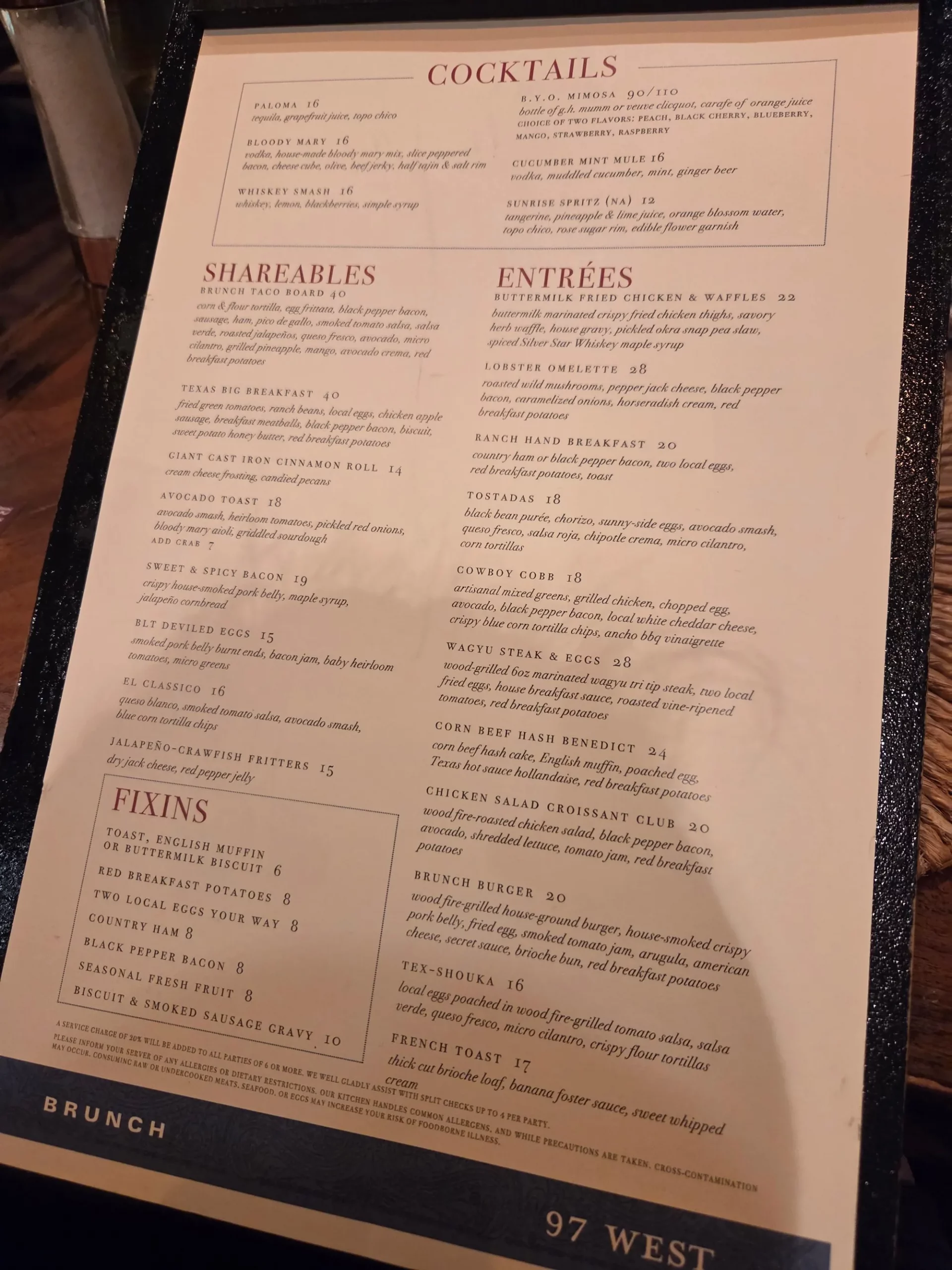 호텔 드로버 오토그래프 컬렉션 97 WEST Kitchen & Bar 아침 메뉴