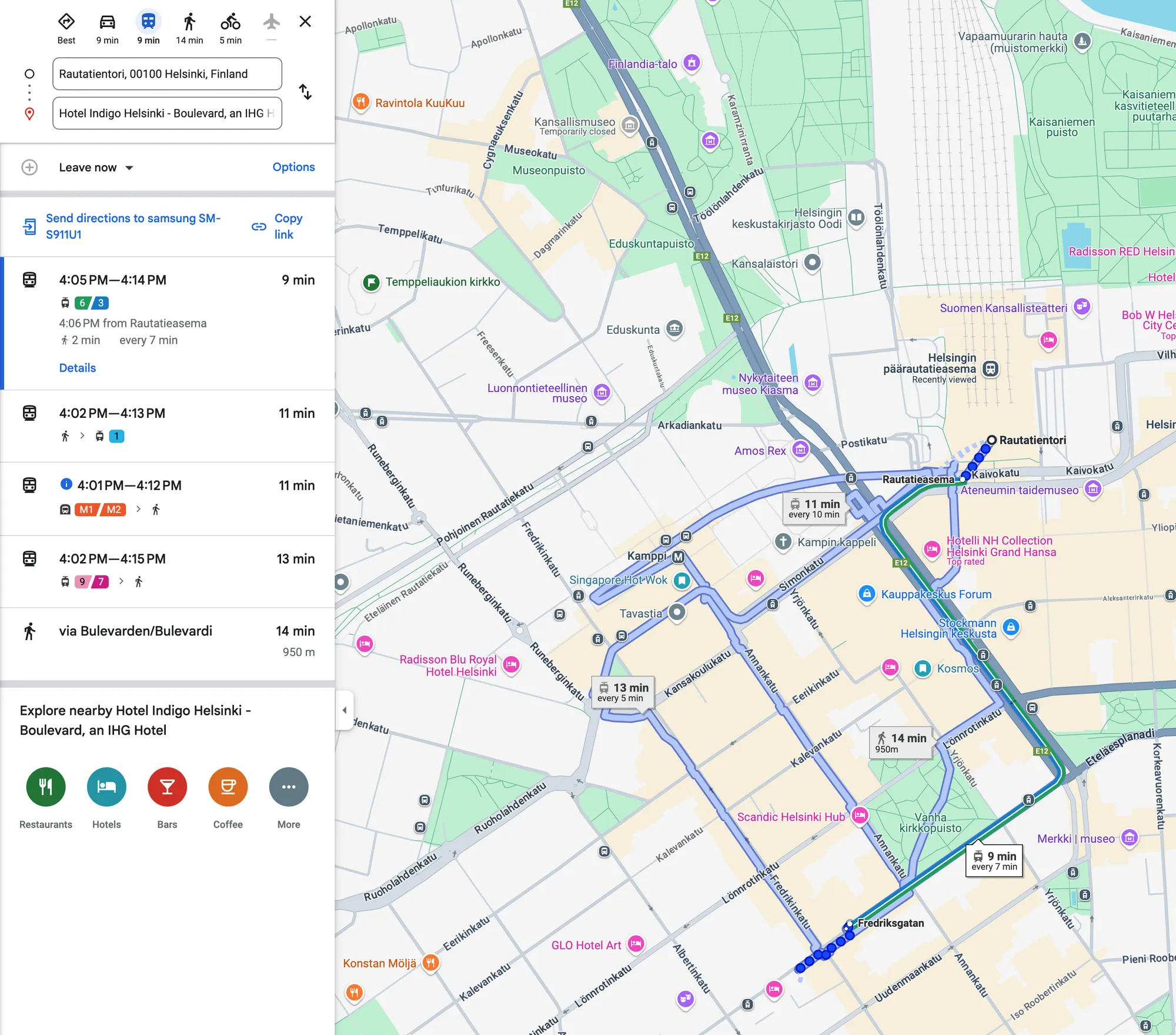헬싱키 중앙역에서 호텔 인디고 헬싱키까지의 경로, image courtesy of Google Maps