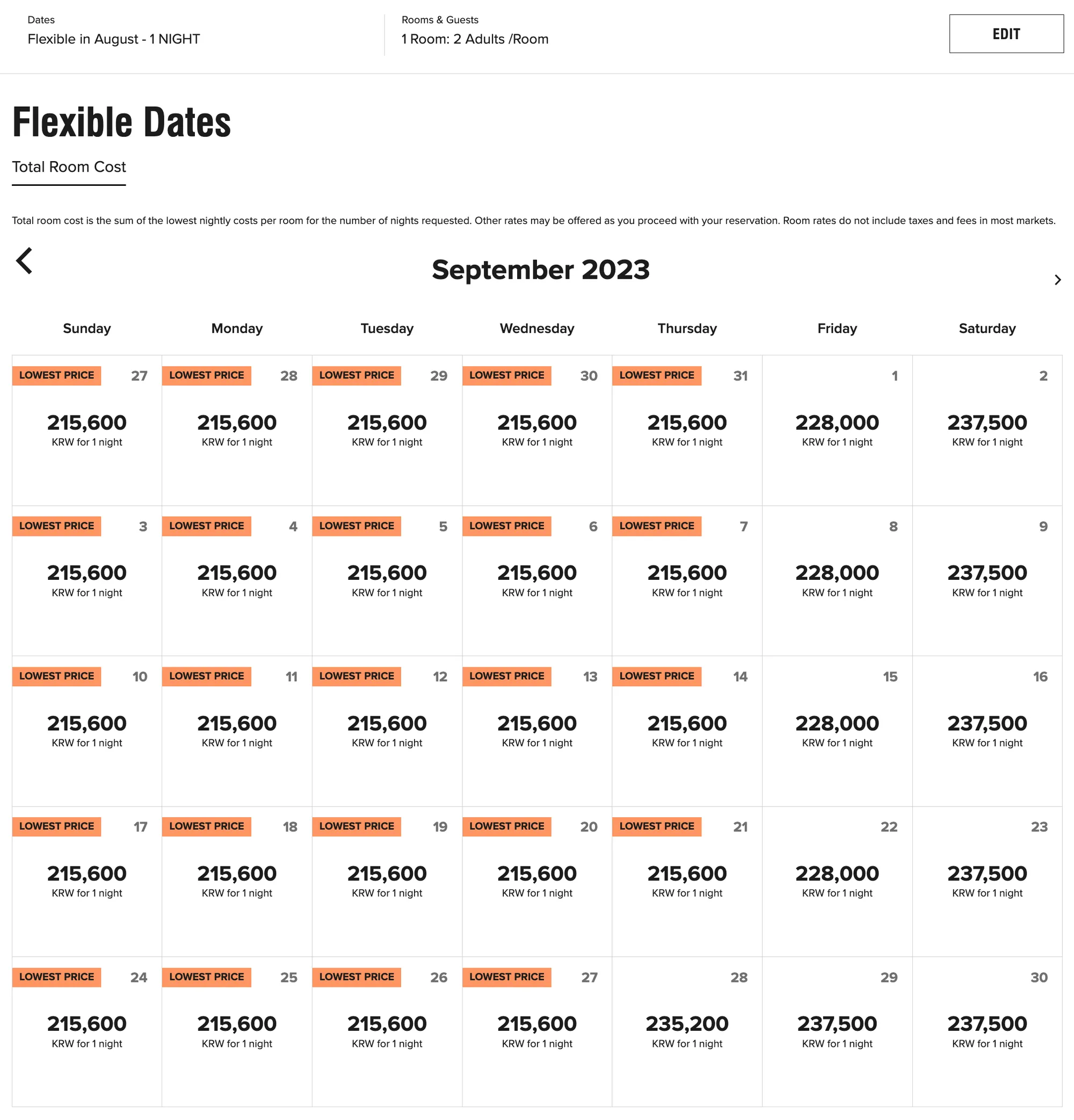 Cash/Point Room Rates for Sept 2023 at Hotel Onoma Daejeon, Autograph Collection (c) marriott.com