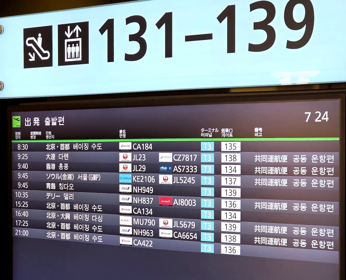 도쿄 하네다 국제공항 131 ~ 139번 리모트 게이트에서 출발하는 항공편들