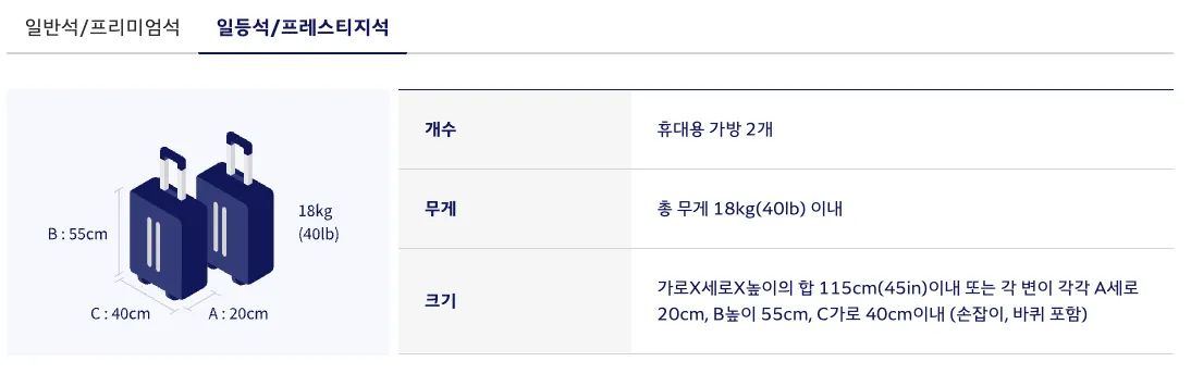 대한항공의 미주 노선 프레스티지 클래스 무료 휴대 수하물 (c) koreanair.com