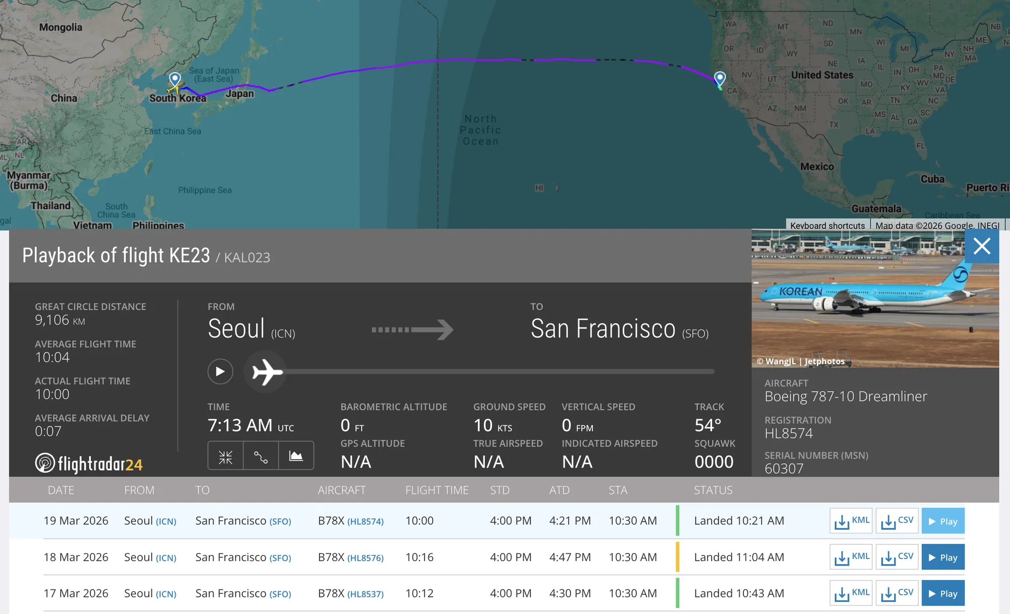 10시간 정도 걸리는 KE23편 (c) flightradar24.com