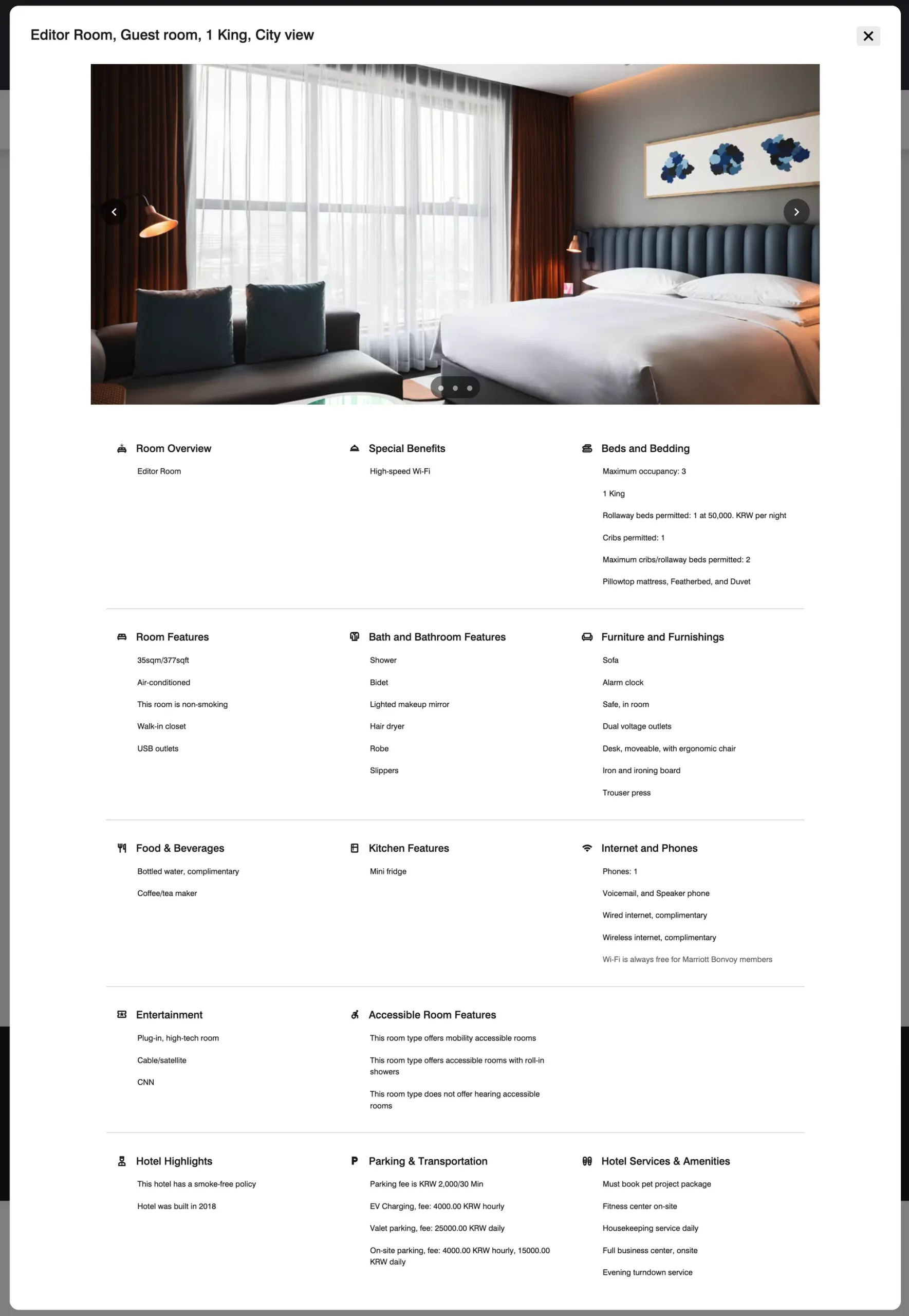 라이즈 오토그래프 콜랙션 에디터 룸 1킹 객실 정보, Courtesy of Marriott