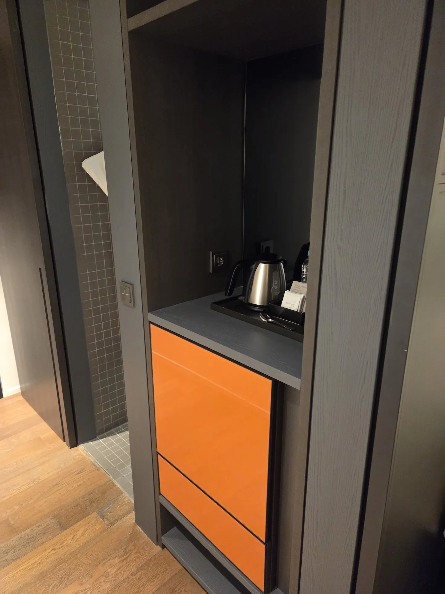Coffee station and fridge in Shilla Stay Seodaemun Standard Twin Room