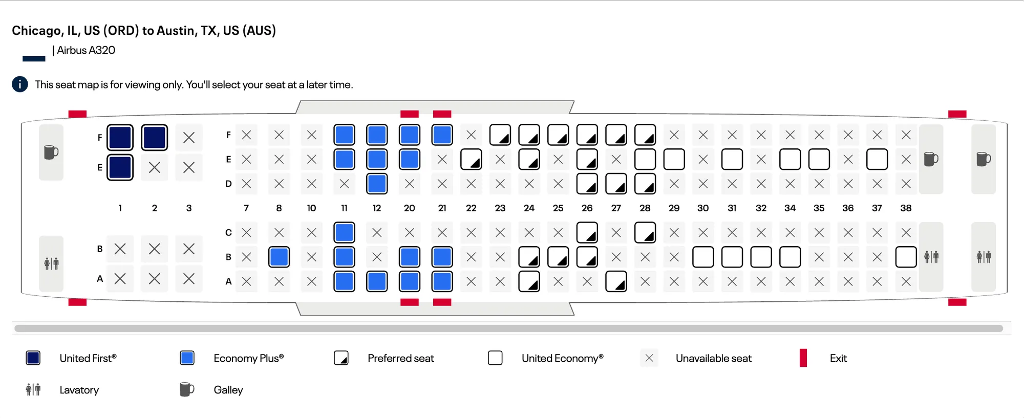 UA457편 좌석 배치도와 이코노미 운임의 사전 좌석 지정 가격 courtesy of United Airlines