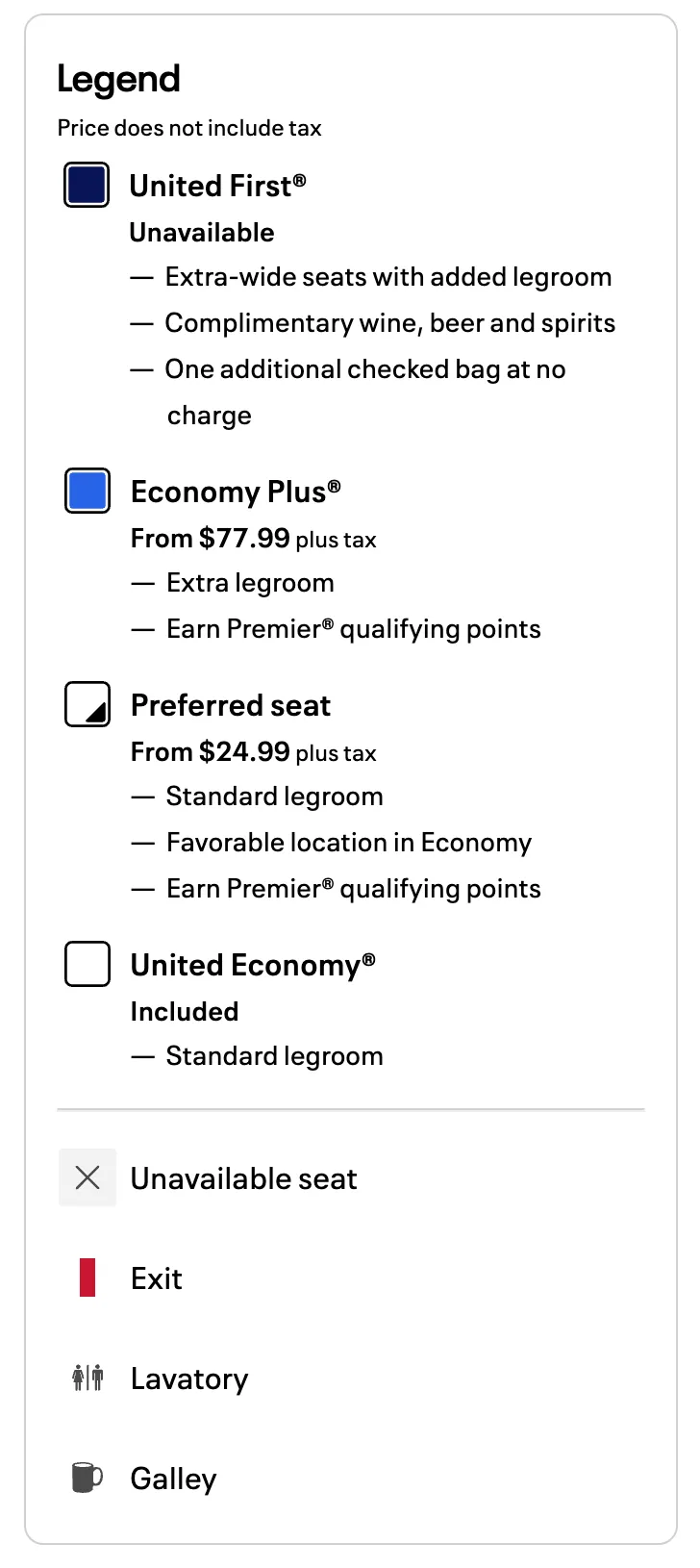 UA457편 좌석 배치도와 이코노미 운임의 사전 좌석 지정 가격 courtesy of United Airlines